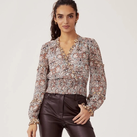 Anthropologie Tops - Anthropologie sz xs printed paisley smocked faux wrap blouse so pretty like new